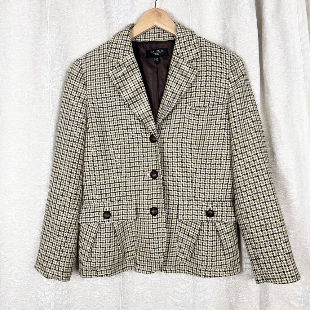 Talbots Petites equestrian houndstooth wool blend blazer faux leather button 12P
